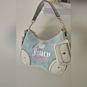 Juicy Couture Blue Velour Shoulder Bag with Rhinestone Logo & Coin Pouch